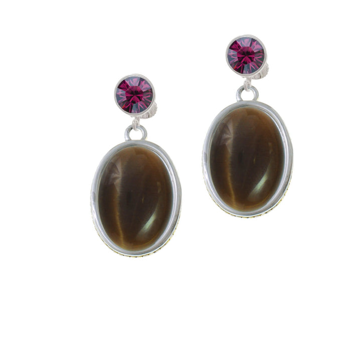 Oval - Imitation Cats Eye - Brown - Crystal Clip On Earrings Image 8