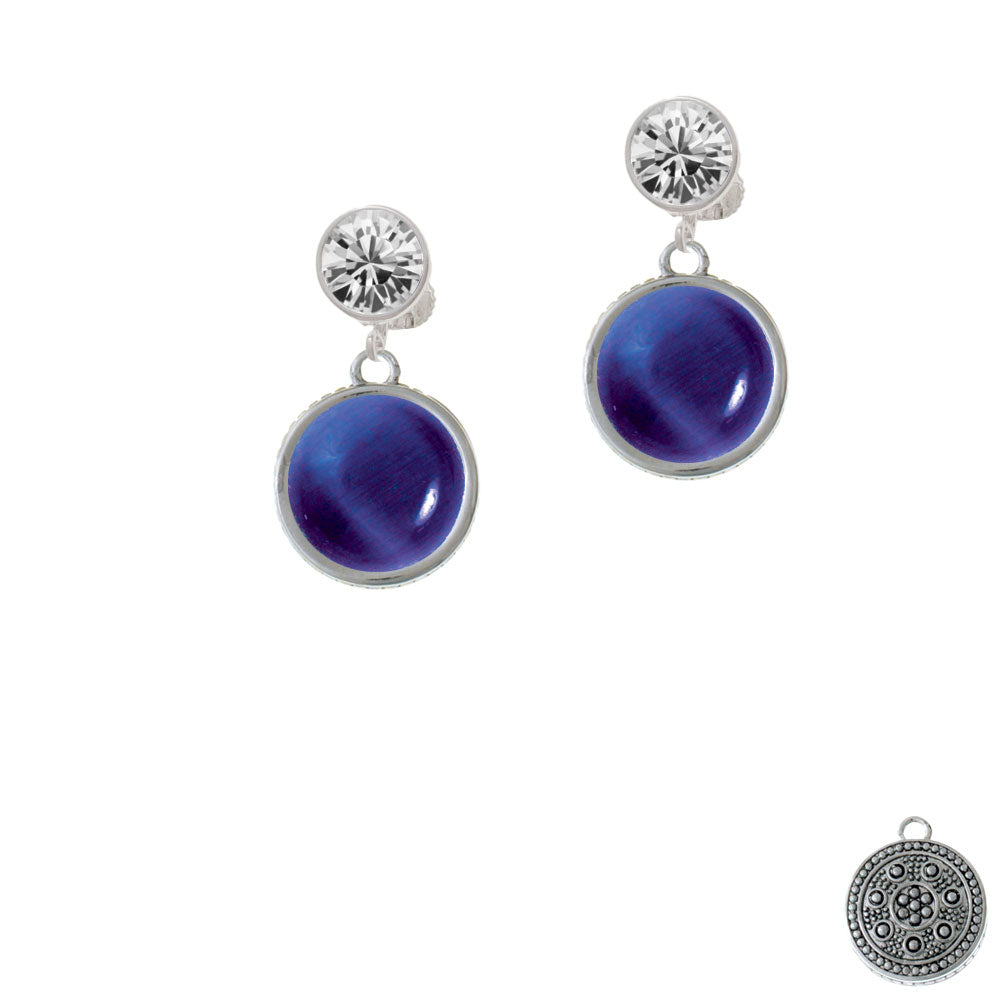 Round - Imitation Cats Eye - Blue - Crystal Clip On Earrings Image 2