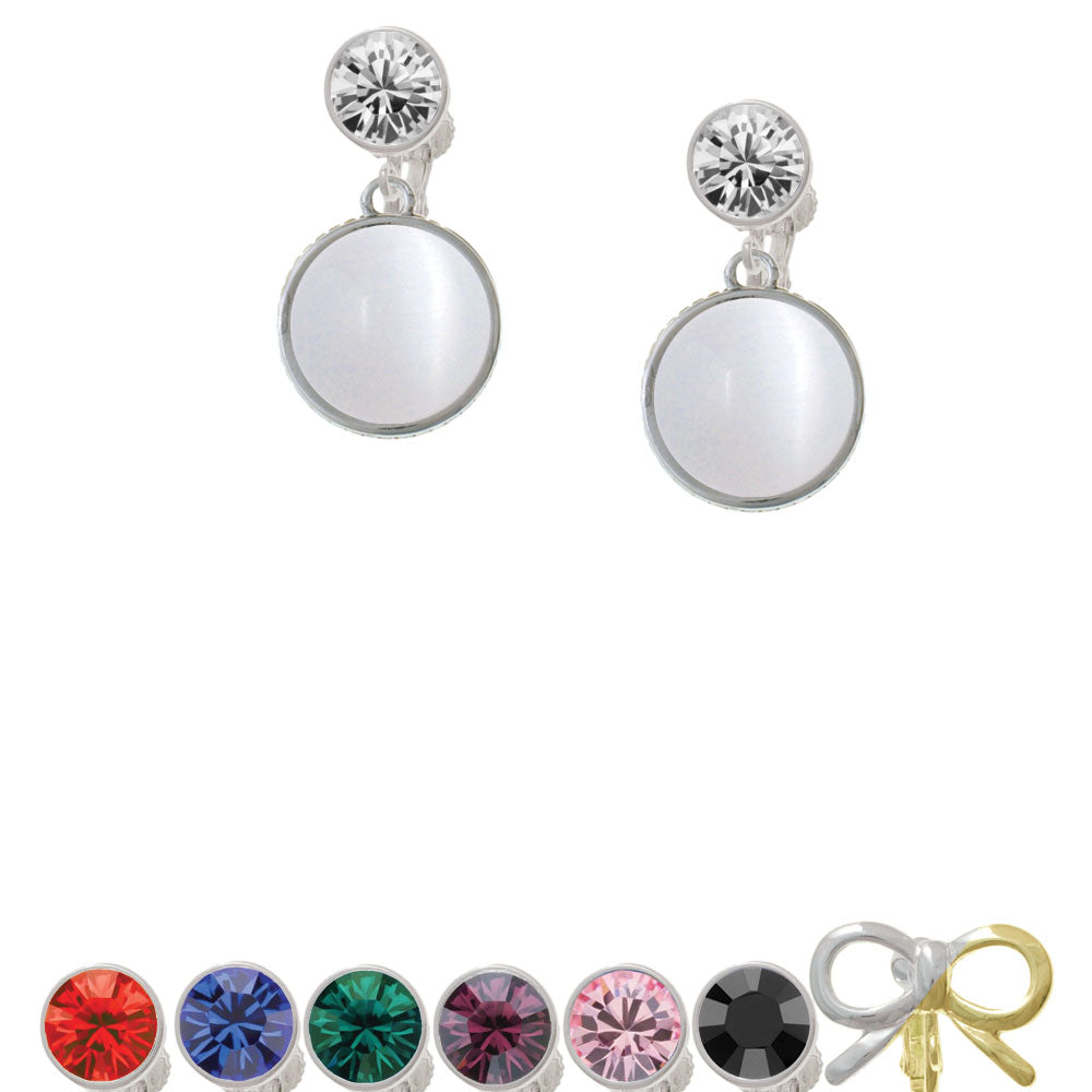 Round - Imitation Cats Eye - White - Crystal Clip On Earrings Image 1