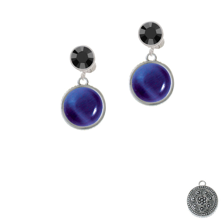 Round - Imitation Cats Eye - Blue - Crystal Clip On Earrings Image 3