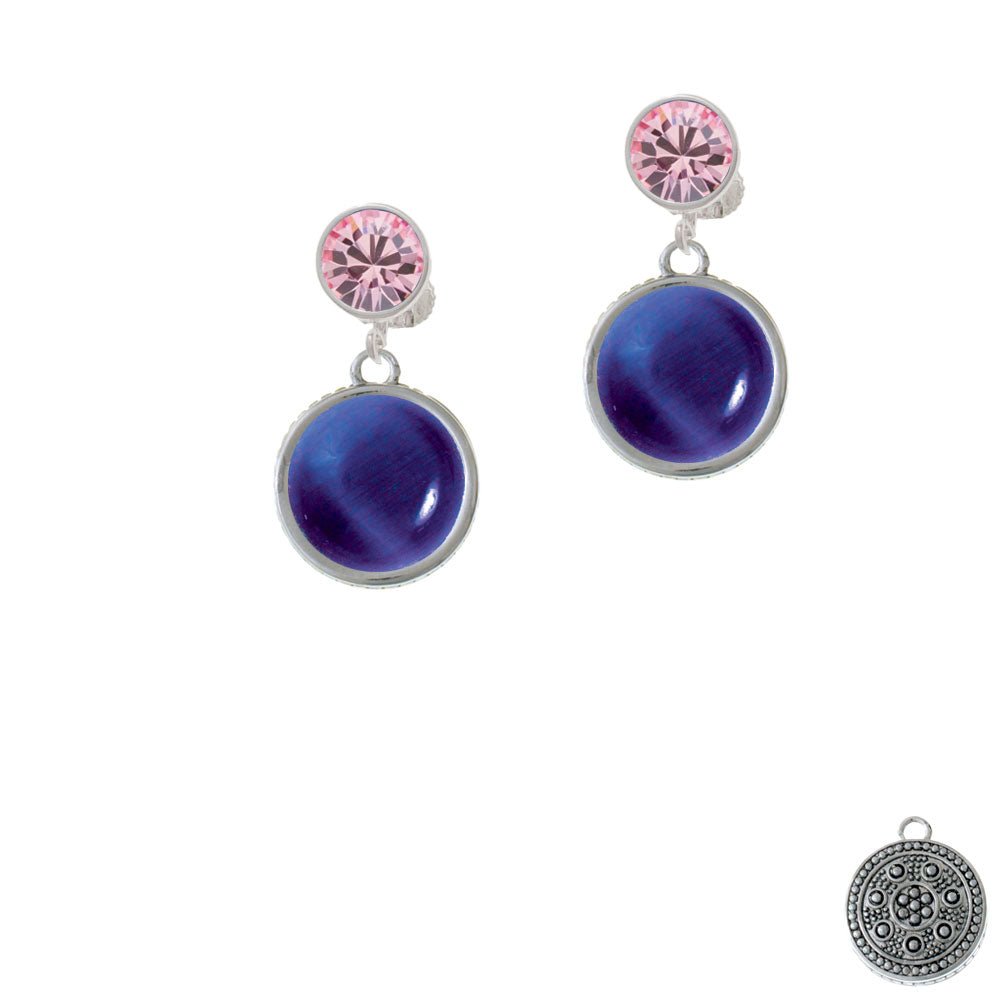 Round - Imitation Cats Eye - Blue - Crystal Clip On Earrings Image 4