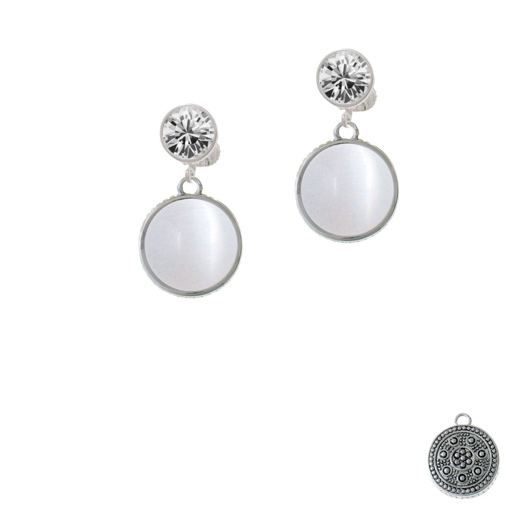 Round - Imitation Cats Eye - White - Crystal Clip On Earrings Image 2