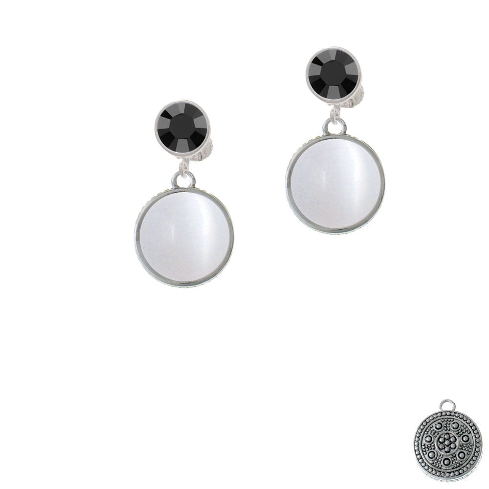 Round - Imitation Cats Eye - White - Crystal Clip On Earrings Image 3