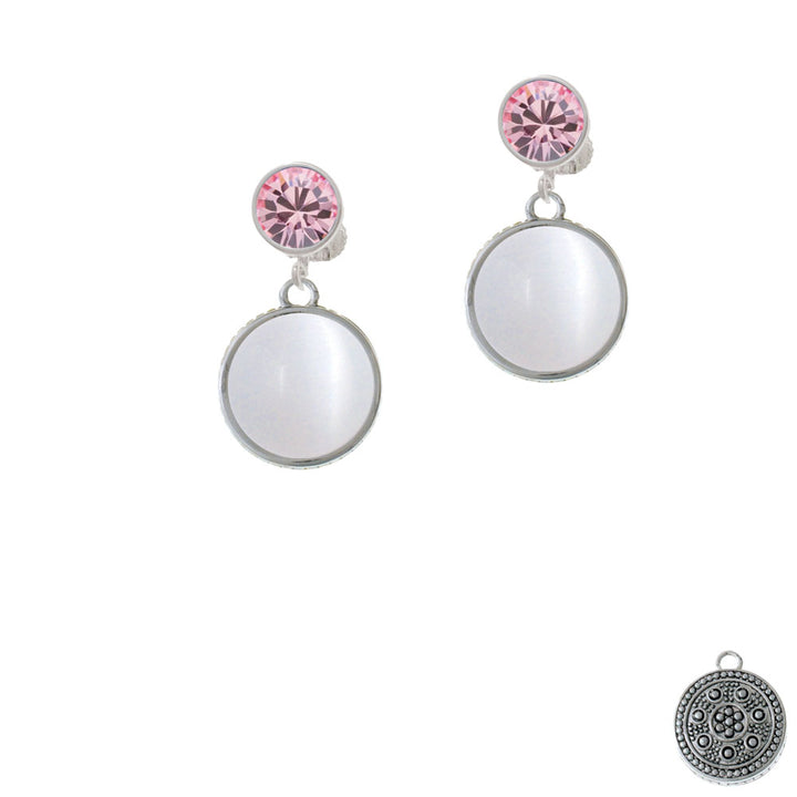 Round - Imitation Cats Eye - White - Crystal Clip On Earrings Image 4