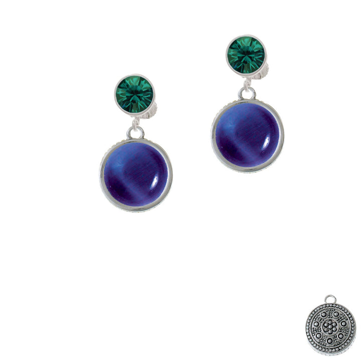 Round - Imitation Cats Eye - Blue - Crystal Clip On Earrings Image 6