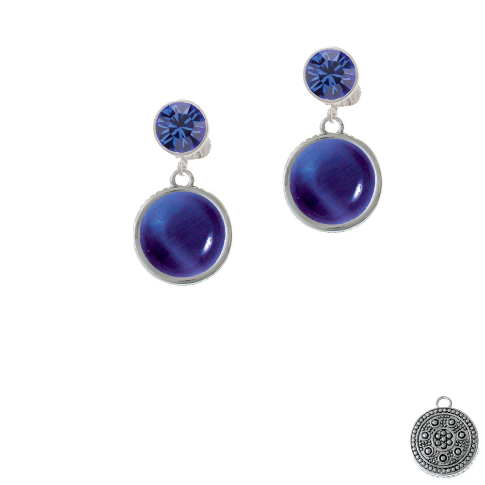 Round - Imitation Cats Eye - Blue - Crystal Clip On Earrings Image 7