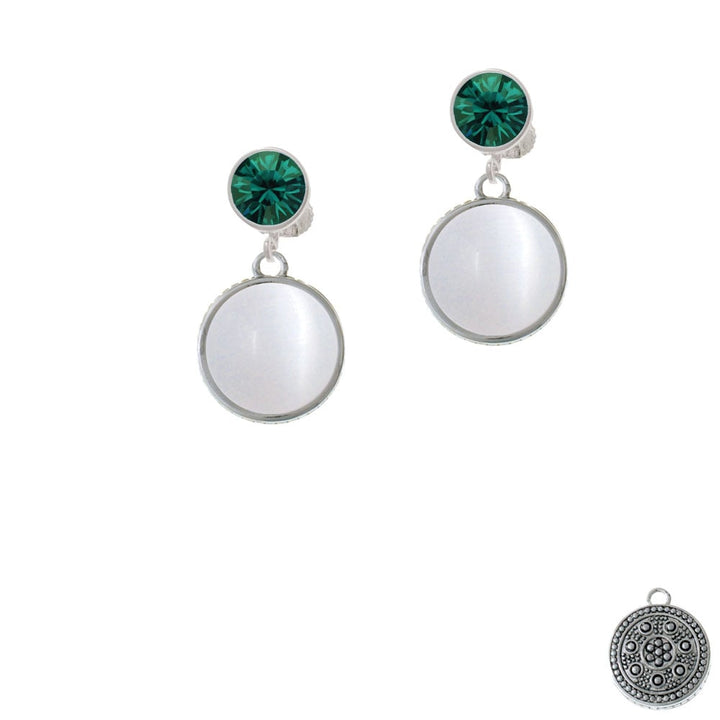 Round - Imitation Cats Eye - White - Crystal Clip On Earrings Image 1