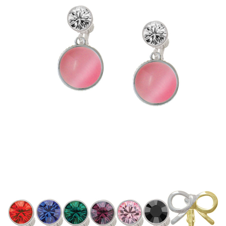 Round - Imitation Cats Eye - Pink - Crystal Clip On Earrings Image 1