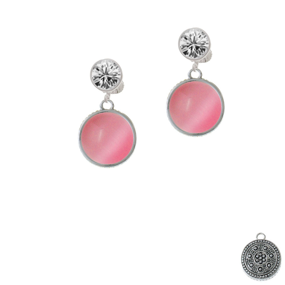 Round - Imitation Cats Eye - Pink - Crystal Clip On Earrings Image 2