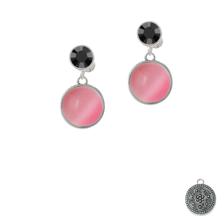 Round - Imitation Cats Eye - Pink - Crystal Clip On Earrings Image 3