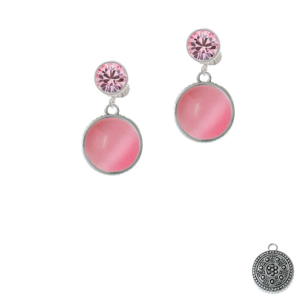 Round - Imitation Cats Eye - Pink - Crystal Clip On Earrings Image 4