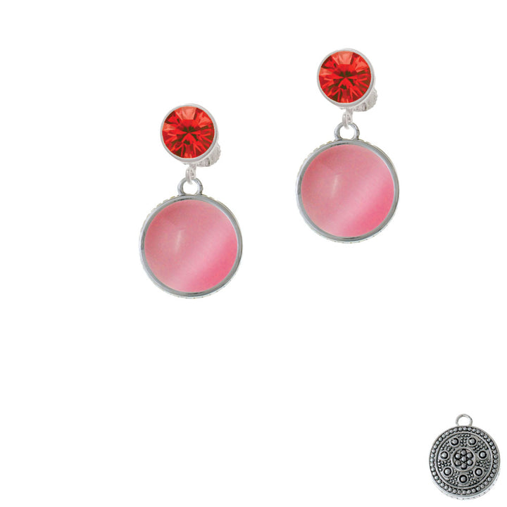 Round - Imitation Cats Eye - Pink - Crystal Clip On Earrings Image 4