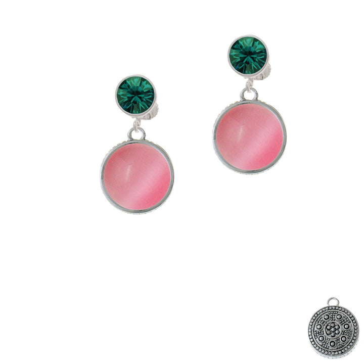 Round - Imitation Cats Eye - Pink - Crystal Clip On Earrings Image 6