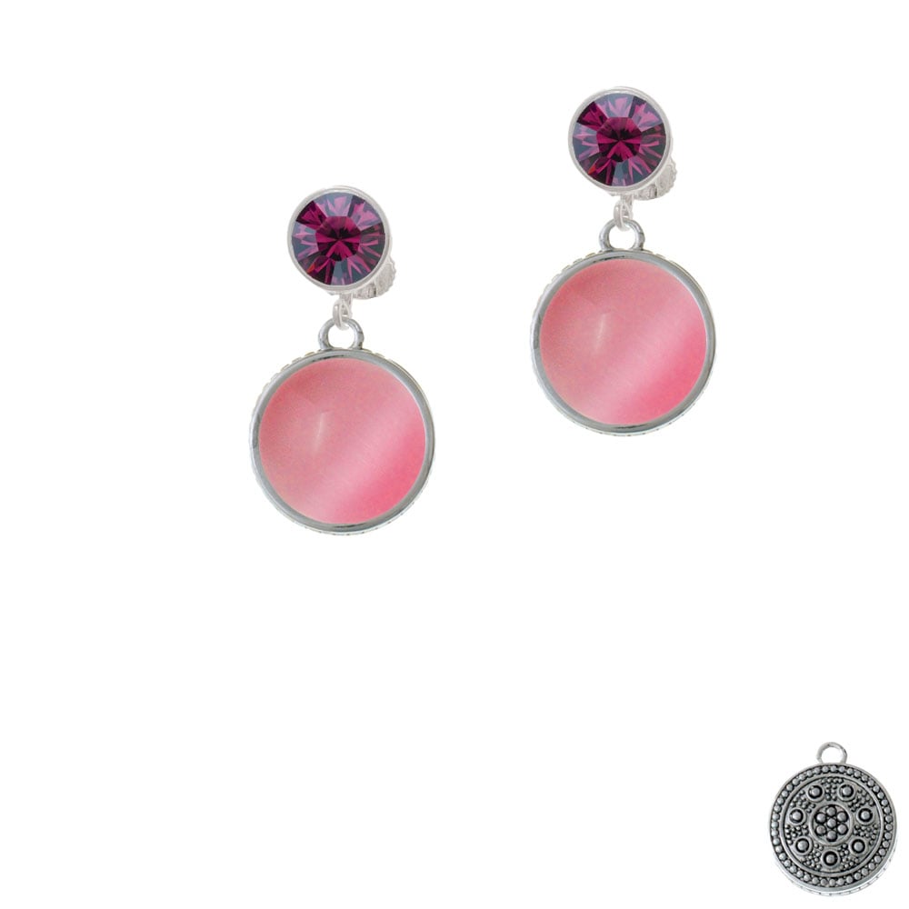 Round - Imitation Cats Eye - Pink - Crystal Clip On Earrings Image 8