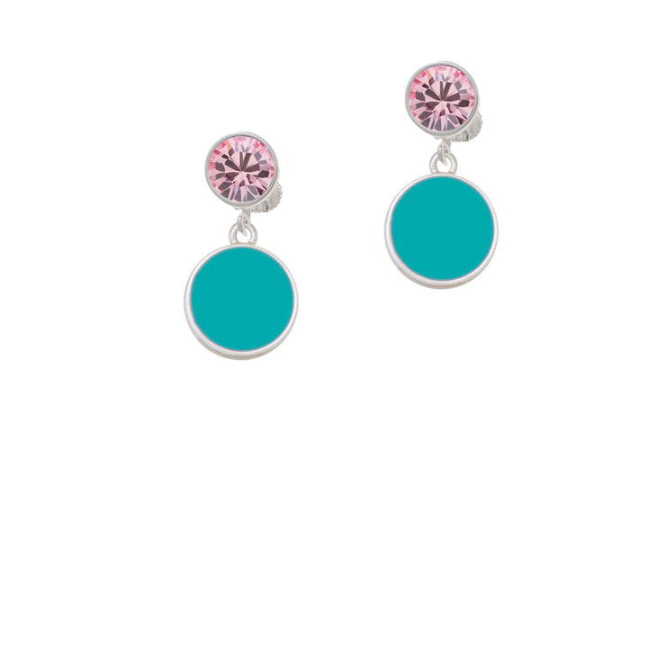 Small Teal Enamel Disc Crystal Clip On Earrings Image 1