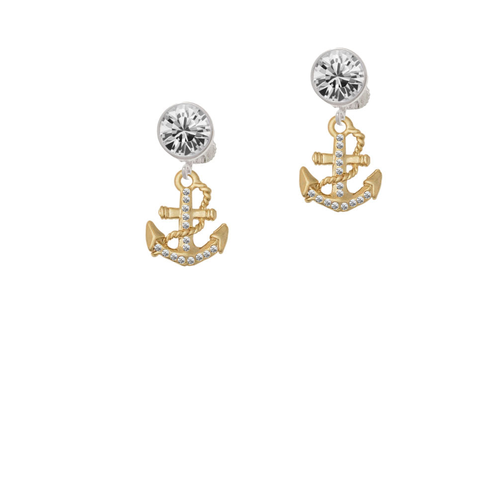 Gold Tone Clear Crystal Anchor Crystal Clip On Earrings Image 2