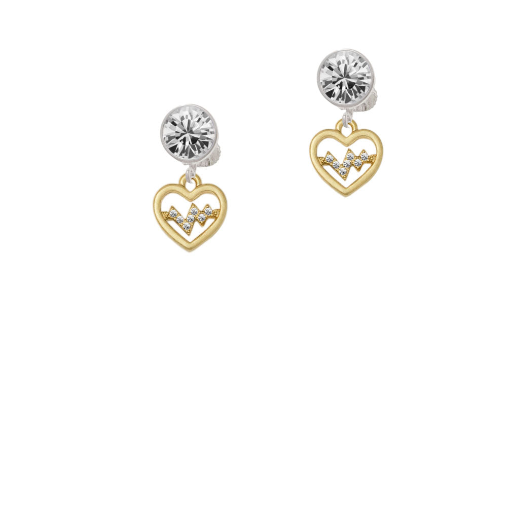 Gold Tone Heart - Crystal Heartbeat Crystal Clip On Earrings Image 2