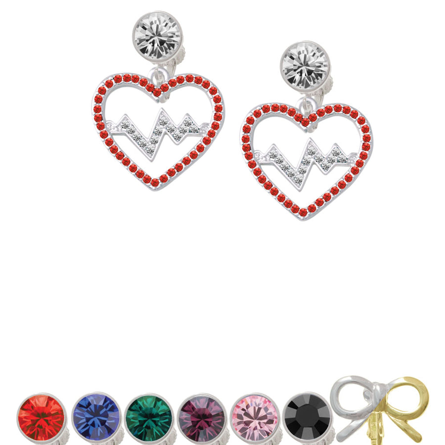 Large Red Crystal Heart with Clear Heartbeat Crystal Clip On Earrings Image 1