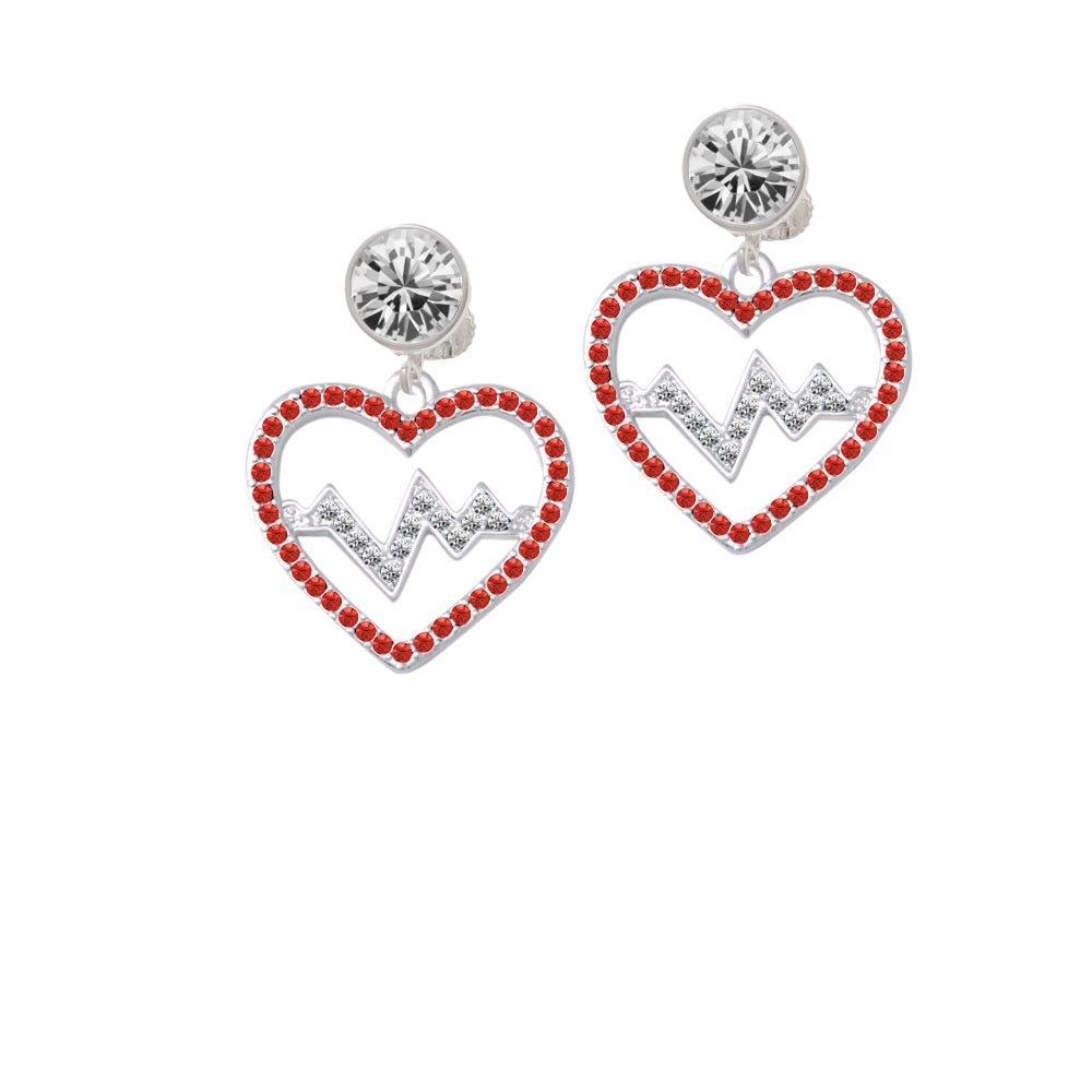 Large Red Crystal Heart with Clear Heartbeat Crystal Clip On Earrings Image 2