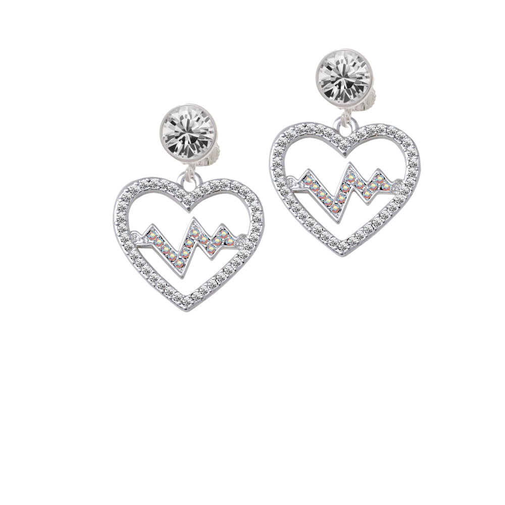 Large Clear Crystal Heart with AB Crystal Heartbeat Crystal Clip On Earrings Image 2