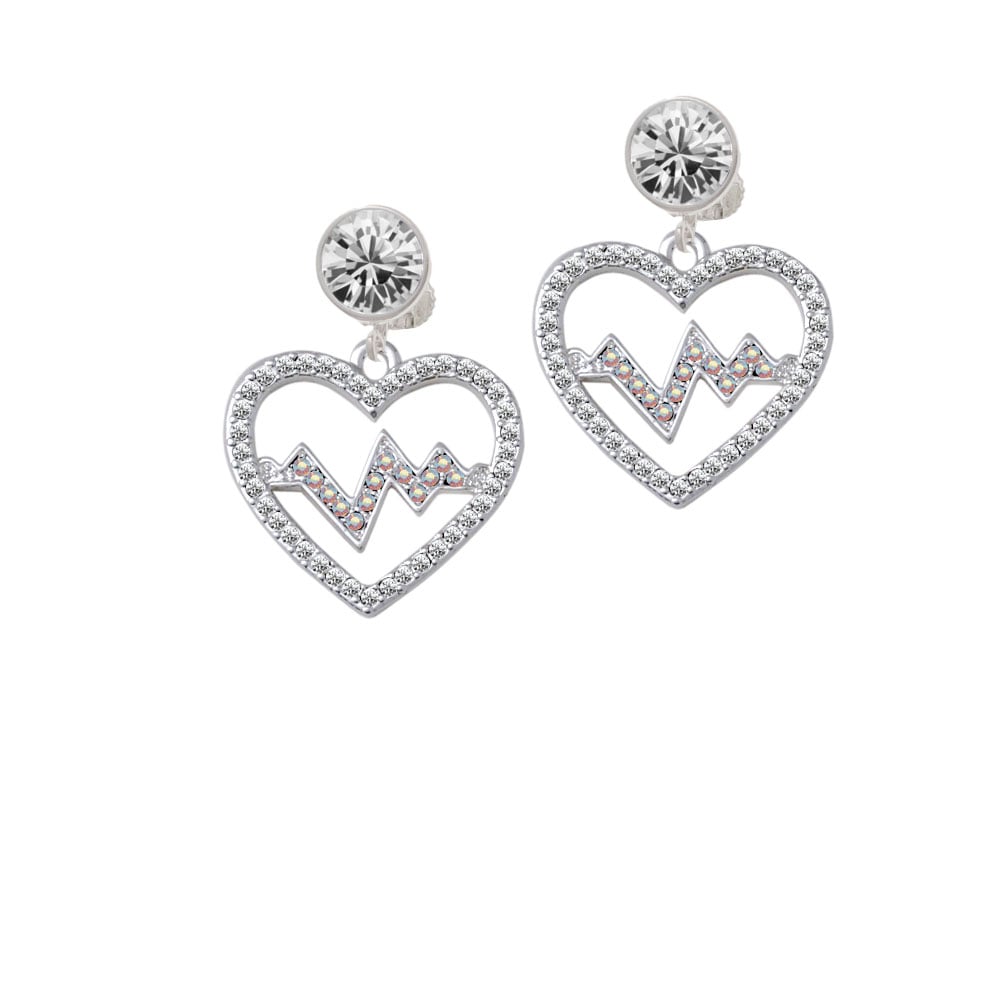 Large Clear Crystal Heart with AB Crystal Heartbeat Crystal Clip On Earrings Image 1