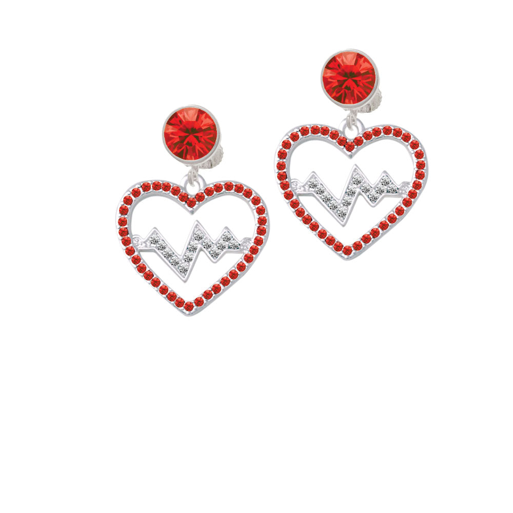 Large Red Crystal Heart with Clear Heartbeat Crystal Clip On Earrings Image 4