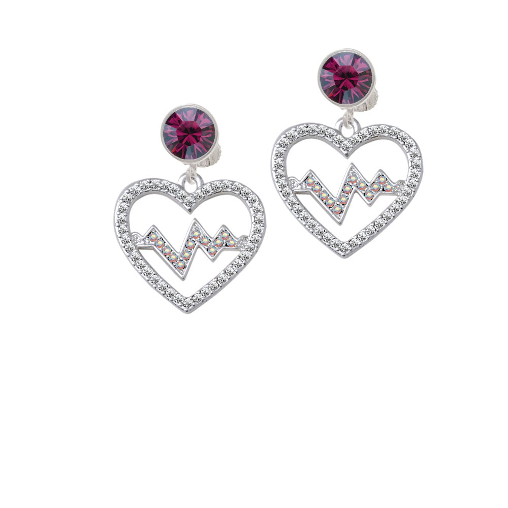 Large Clear Crystal Heart with AB Crystal Heartbeat Crystal Clip On Earrings Image 8