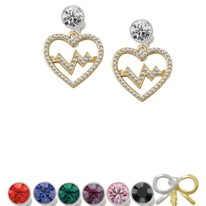 Gold Tone Large Crystal Heart - Heartbeat Crystal Clip On Earrings Image 1