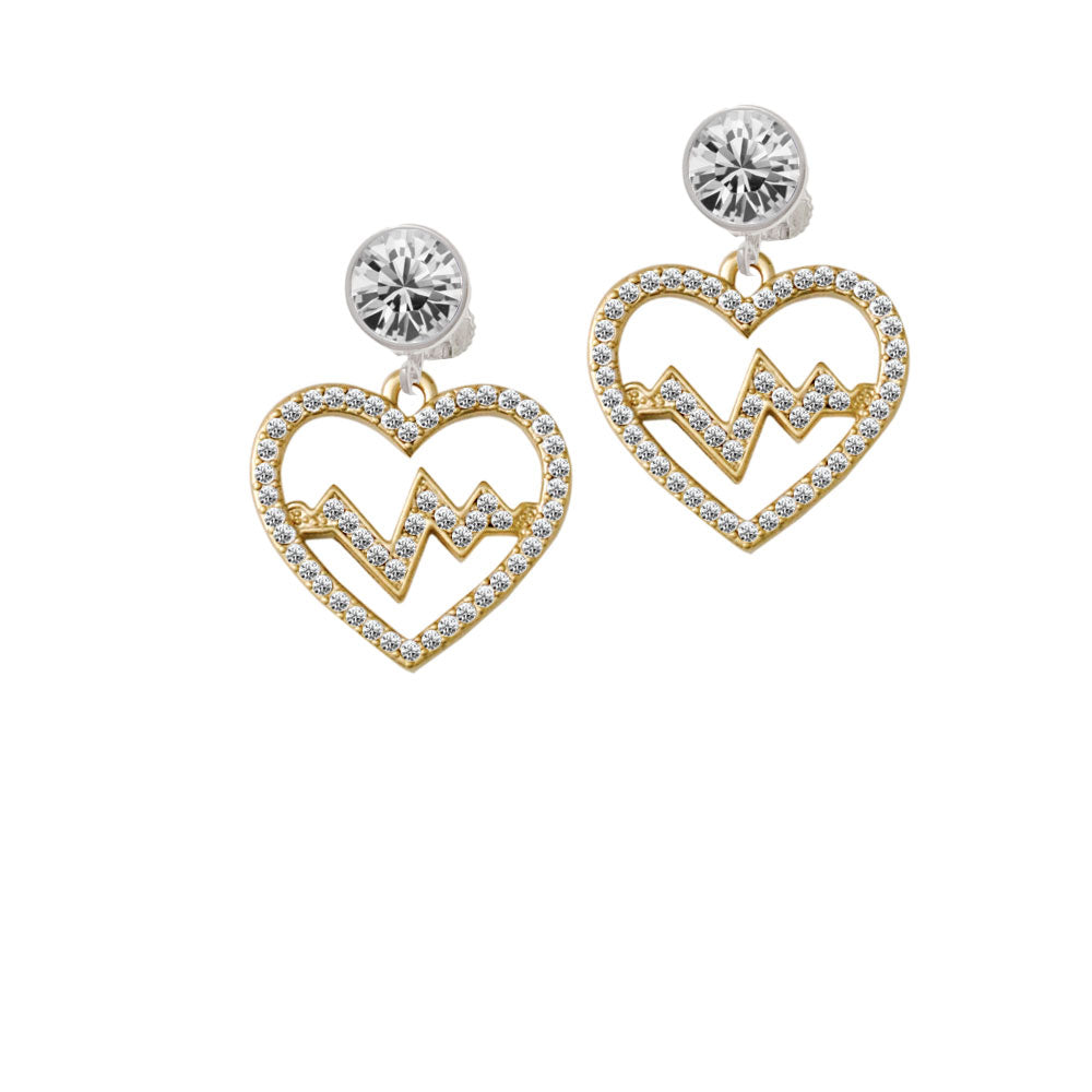 Gold Tone Large Crystal Heart - Heartbeat Crystal Clip On Earrings Image 2