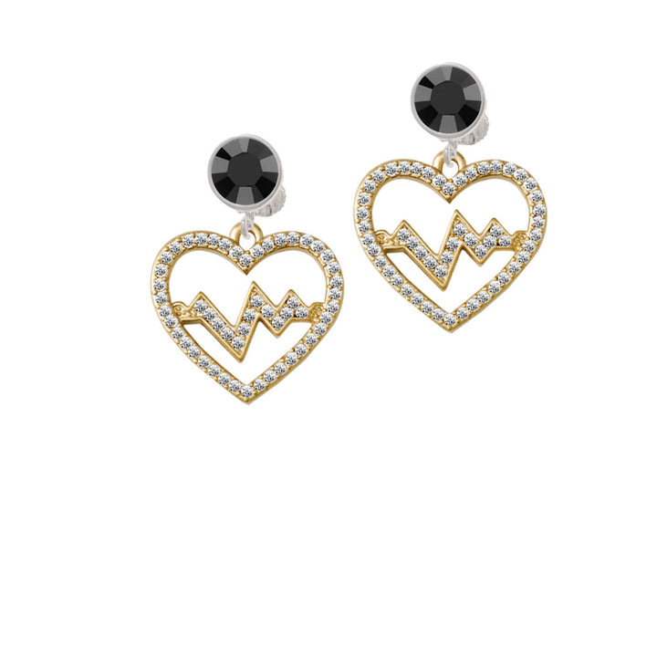 Gold Tone Large Crystal Heart - Heartbeat Crystal Clip On Earrings Image 3