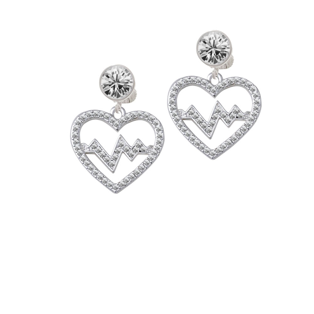 Large Clear Crystal Heart with Heartbeat Crystal Clip On Earrings Image 2