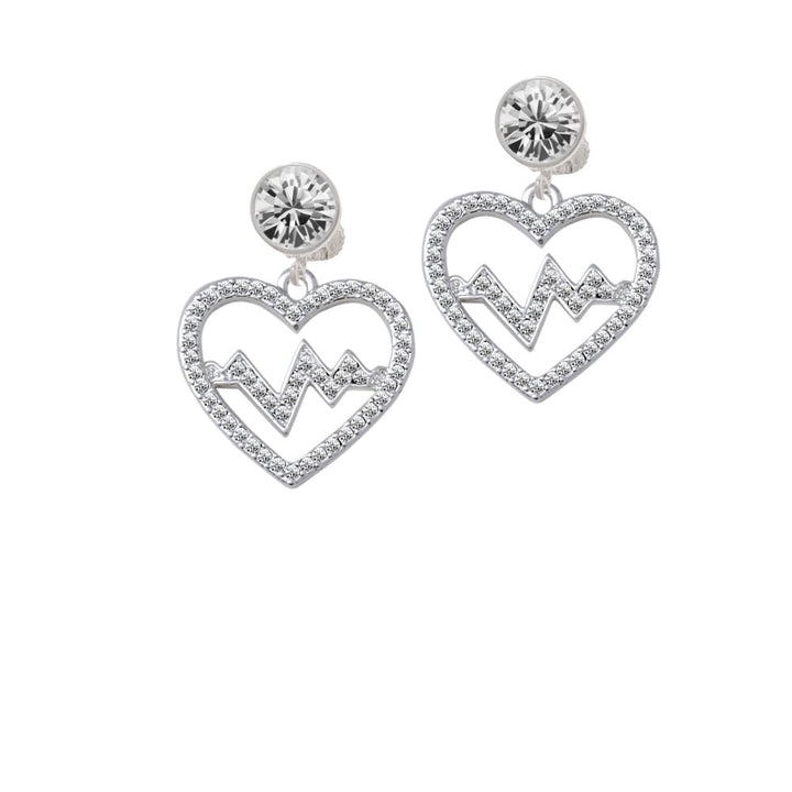 Large Clear Crystal Heart with Heartbeat Crystal Clip On Earrings Image 1