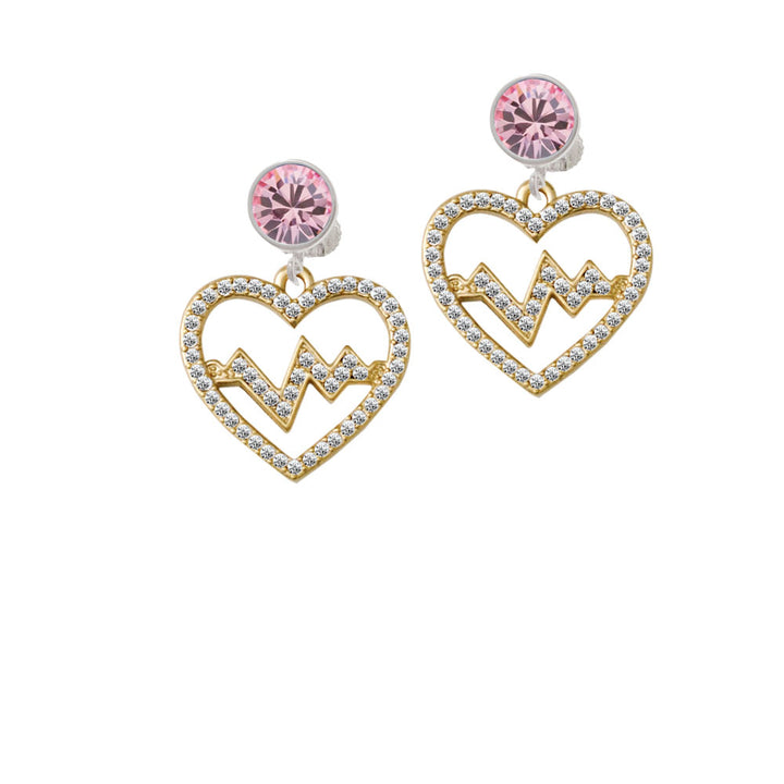 Gold Tone Large Crystal Heart - Heartbeat Crystal Clip On Earrings Image 4