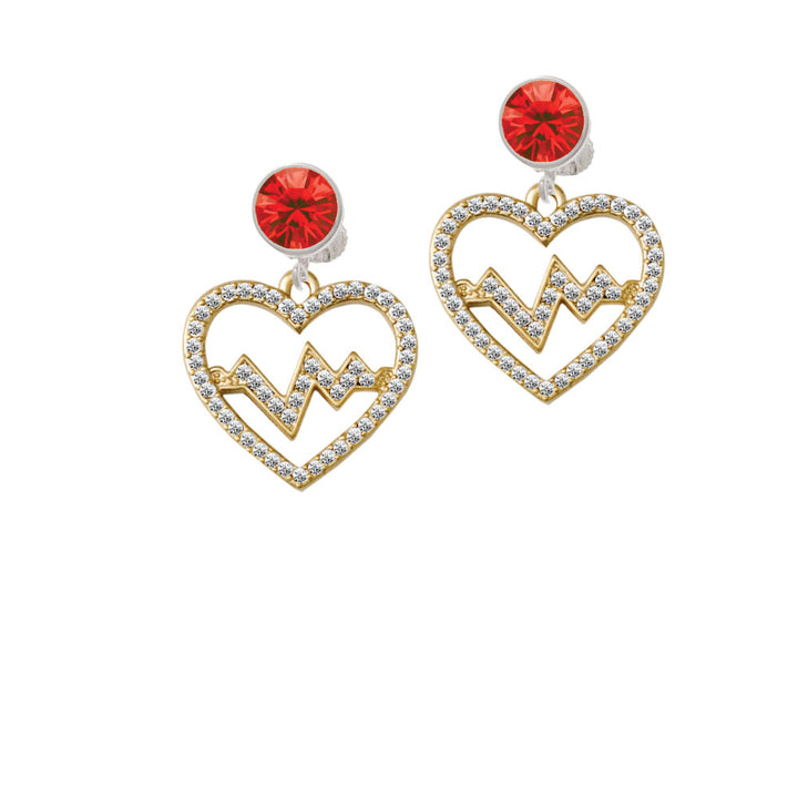 Gold Tone Large Crystal Heart - Heartbeat Crystal Clip On Earrings Image 4