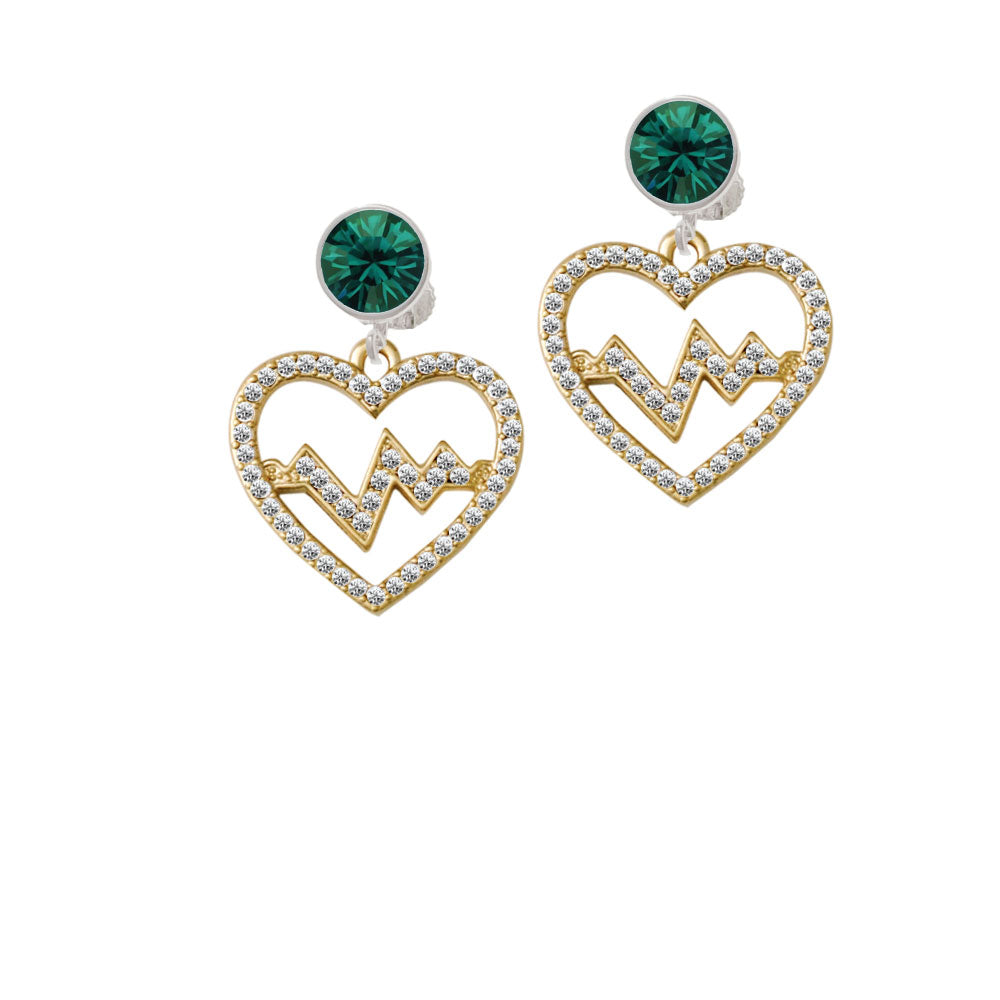 Gold Tone Large Crystal Heart - Heartbeat Crystal Clip On Earrings Image 6