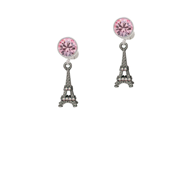 Black Nickel Tone AB Crystal Eiffel Tower Crystal Clip On Earrings Image 1