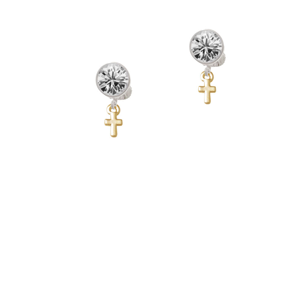 Gold Tone Super Mini Simple Cross Crystal Clip On Earrings Image 2