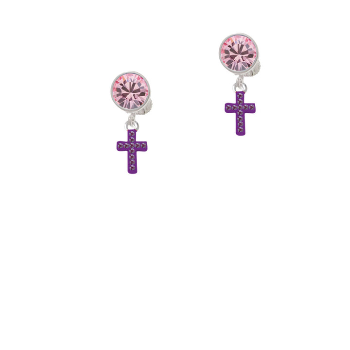 Small Purple Crystal Cross Crystal Clip On Earrings Image 4