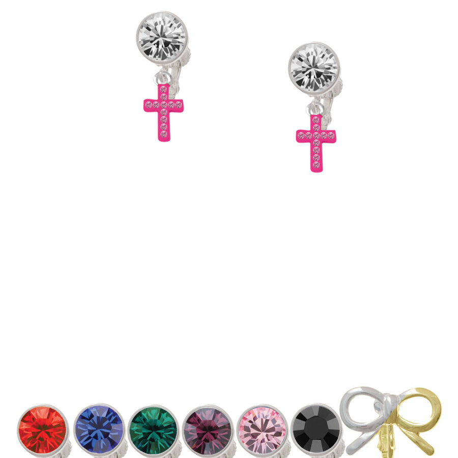 Small Hot Pink Crystal Cross Crystal Clip On Earrings Image 1