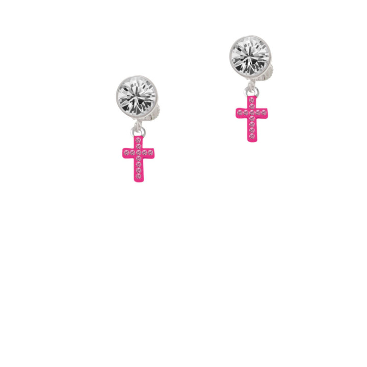 Small Hot Pink Crystal Cross Crystal Clip On Earrings Image 2