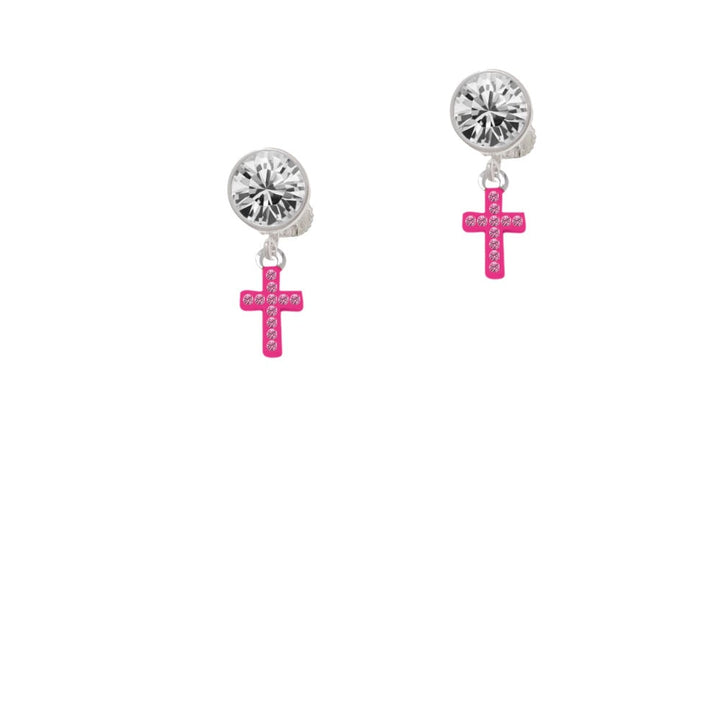 Small Hot Pink Crystal Cross Crystal Clip On Earrings Image 1