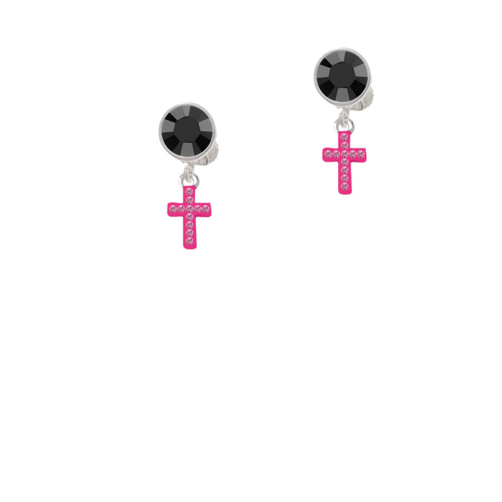 Small Hot Pink Crystal Cross Crystal Clip On Earrings Image 3