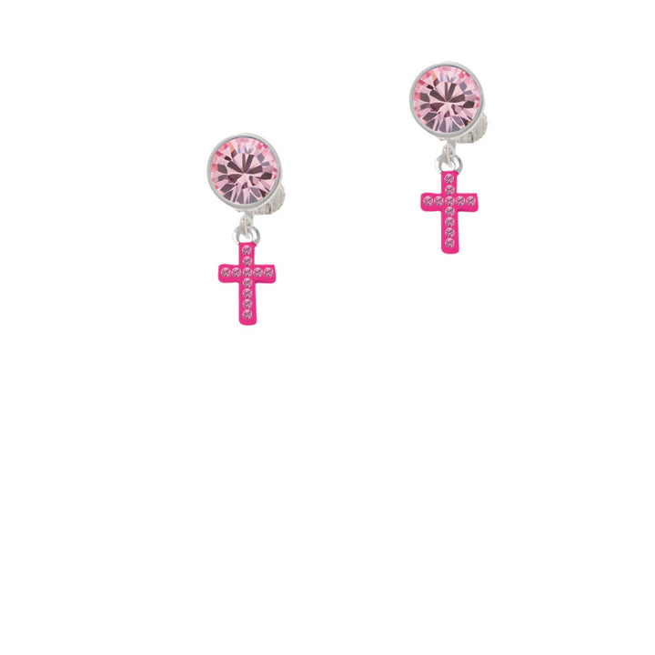 Small Hot Pink Crystal Cross Crystal Clip On Earrings Image 4