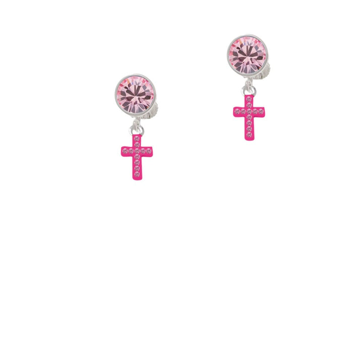 Small Hot Pink Crystal Cross Crystal Clip On Earrings Image 1