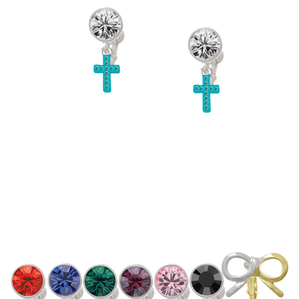 Small Teal Crystal Cross Crystal Clip On Earrings Image 1