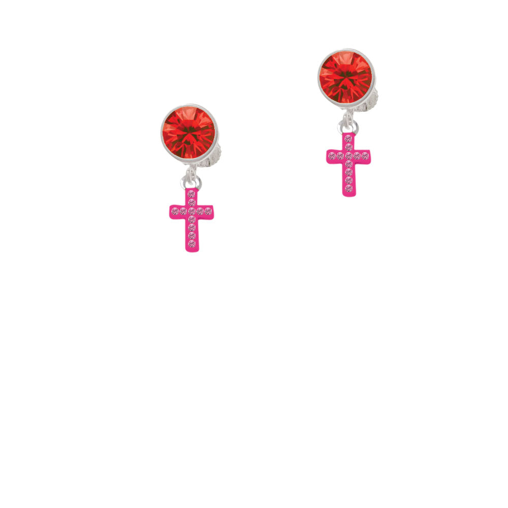 Small Hot Pink Crystal Cross Crystal Clip On Earrings Image 4