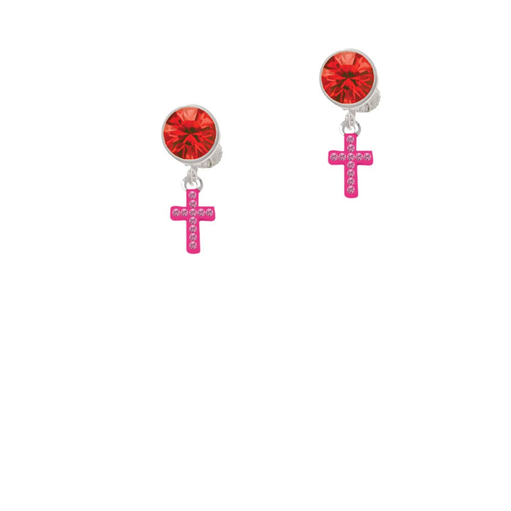 Small Hot Pink Crystal Cross Crystal Clip On Earrings Image 1