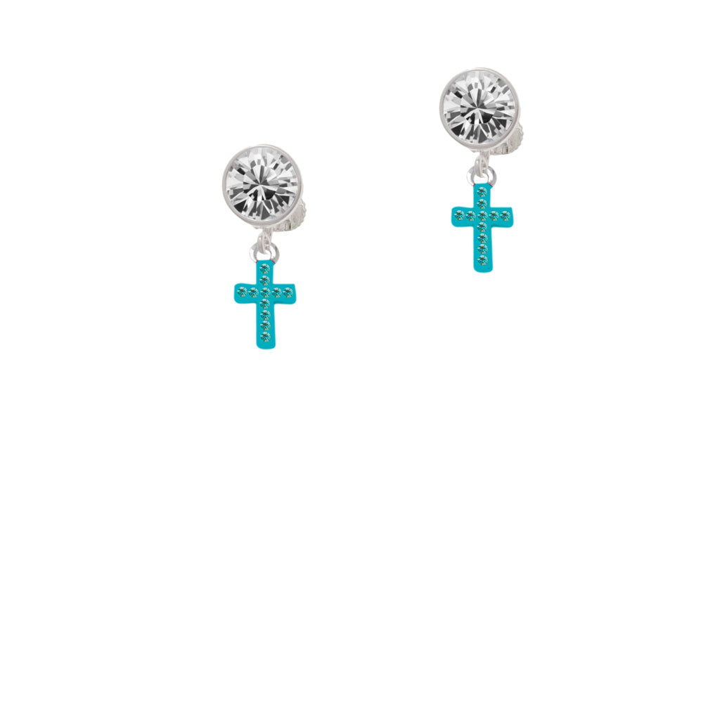 Small Teal Crystal Cross Crystal Clip On Earrings Image 2