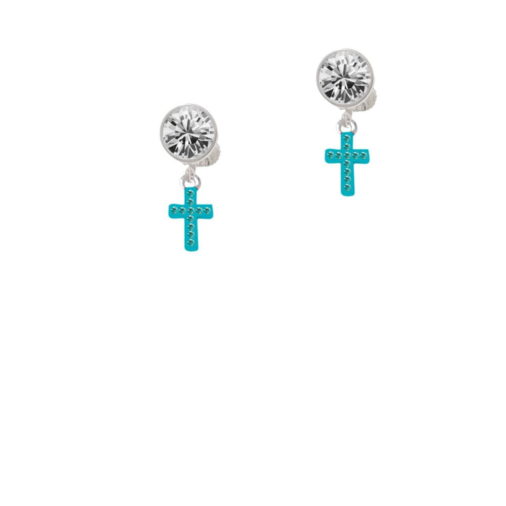 Small Teal Crystal Cross Crystal Clip On Earrings Image 1