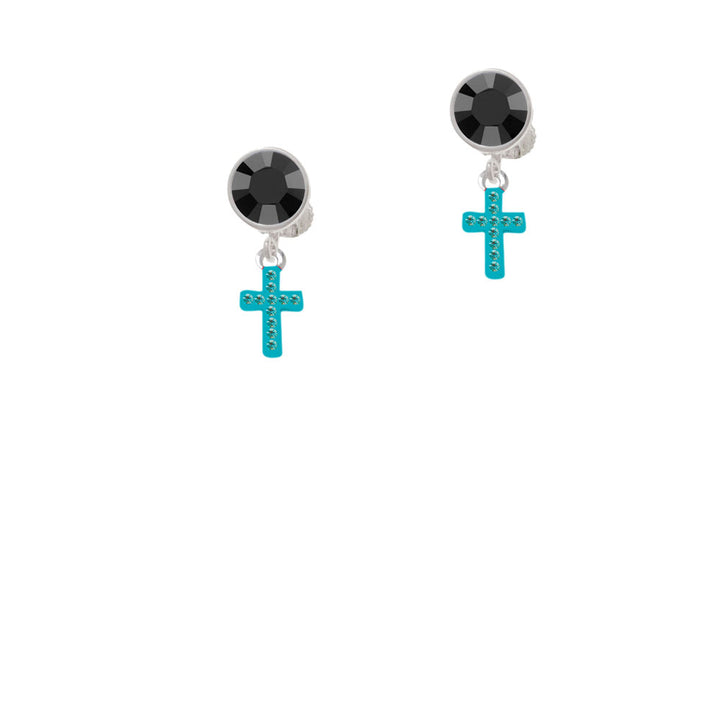 Small Teal Crystal Cross Crystal Clip On Earrings Image 3